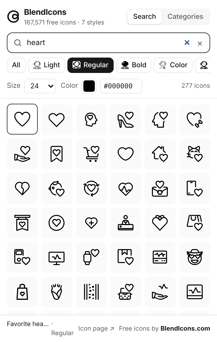 BlendIcons Figma plugin searching for “heart” in the Regular style