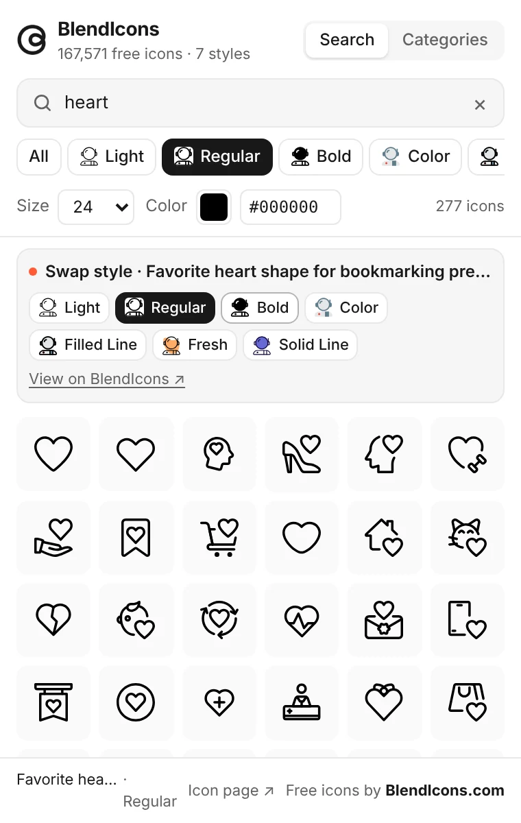 The BlendIcons Figma plugin swapping a selected heart icon between styles